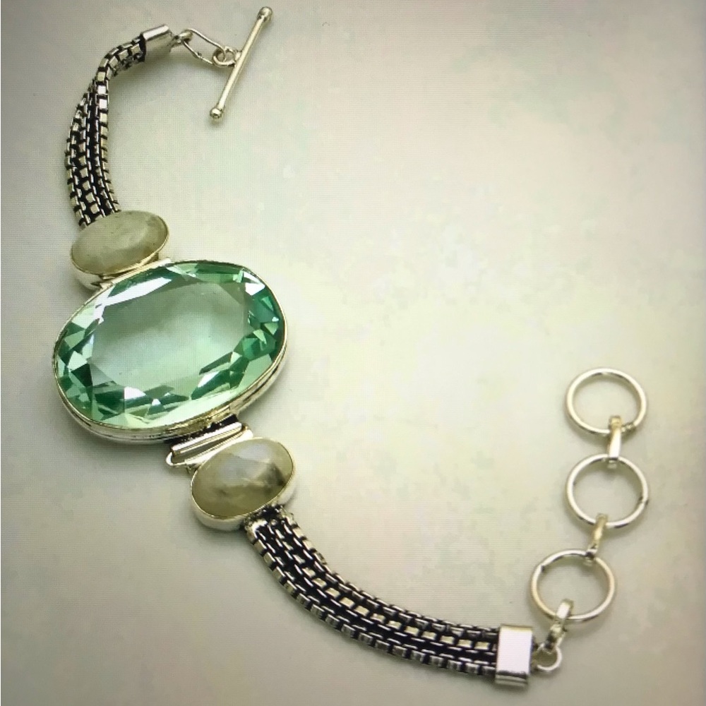 Aquamarine Moonstone Stamped 925 Sterling Silver Bracelet